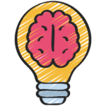 lâmpada desenhada à mão com conteúdo em amarelo e um cérebro em vermelho dentro dela simbolizando uma nova ideia