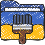 desenhado a mão uma pasta de arquivo azul e amarela com um pincel em cima